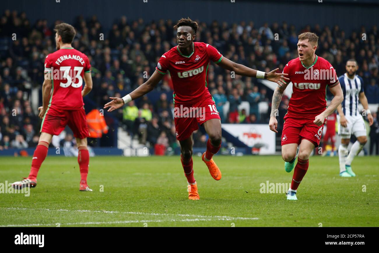 Soccer Football - Premier League - West Bromwich Albion vs Swansea City - The Hawthorns, West Bromwich, Britain - April 7, 2018   Swansea City's Tammy Abraham celebrates scoring their first goal               REUTERS/Andrew Yates    EDITORIAL USE ONLY. No use with unauthorized audio, video, data, fixture lists, club/league logos or 'live' services. Online in-match use limited to 75 images, no video emulation. No use in betting, games or single club/league/player publications.  Please contact your account representative for further details. Stock Photo
