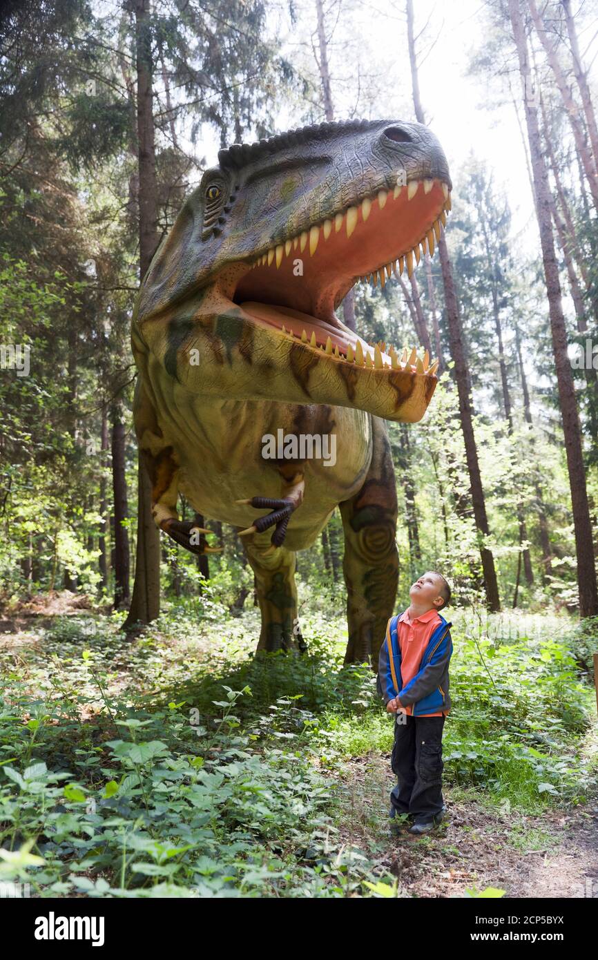 Dinosaur, child, primeval forest, Münchehagen, Lower Saxony, Germany Stock Photo