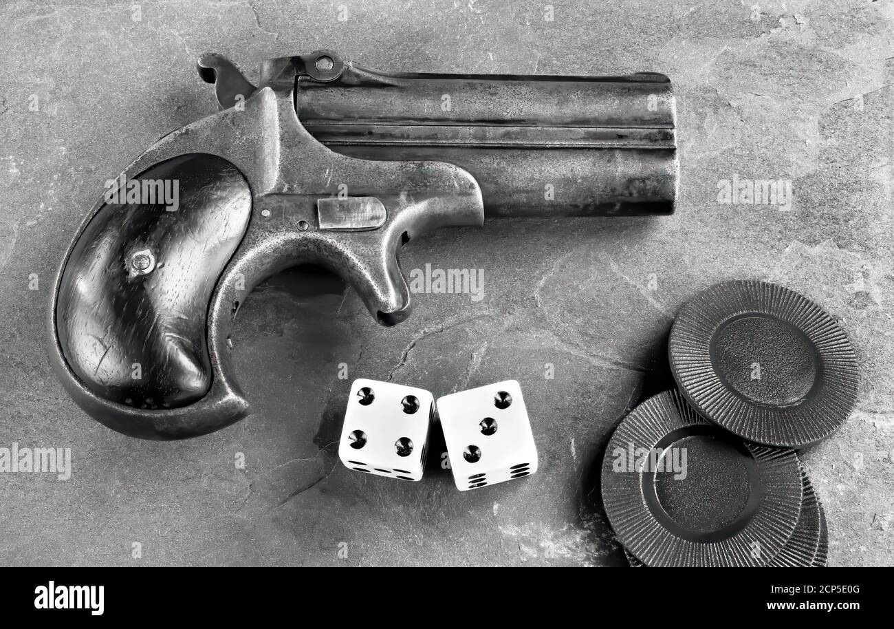 Antique Gamblers Derringer Pistol made in 1865 in black and white. Stock Photo