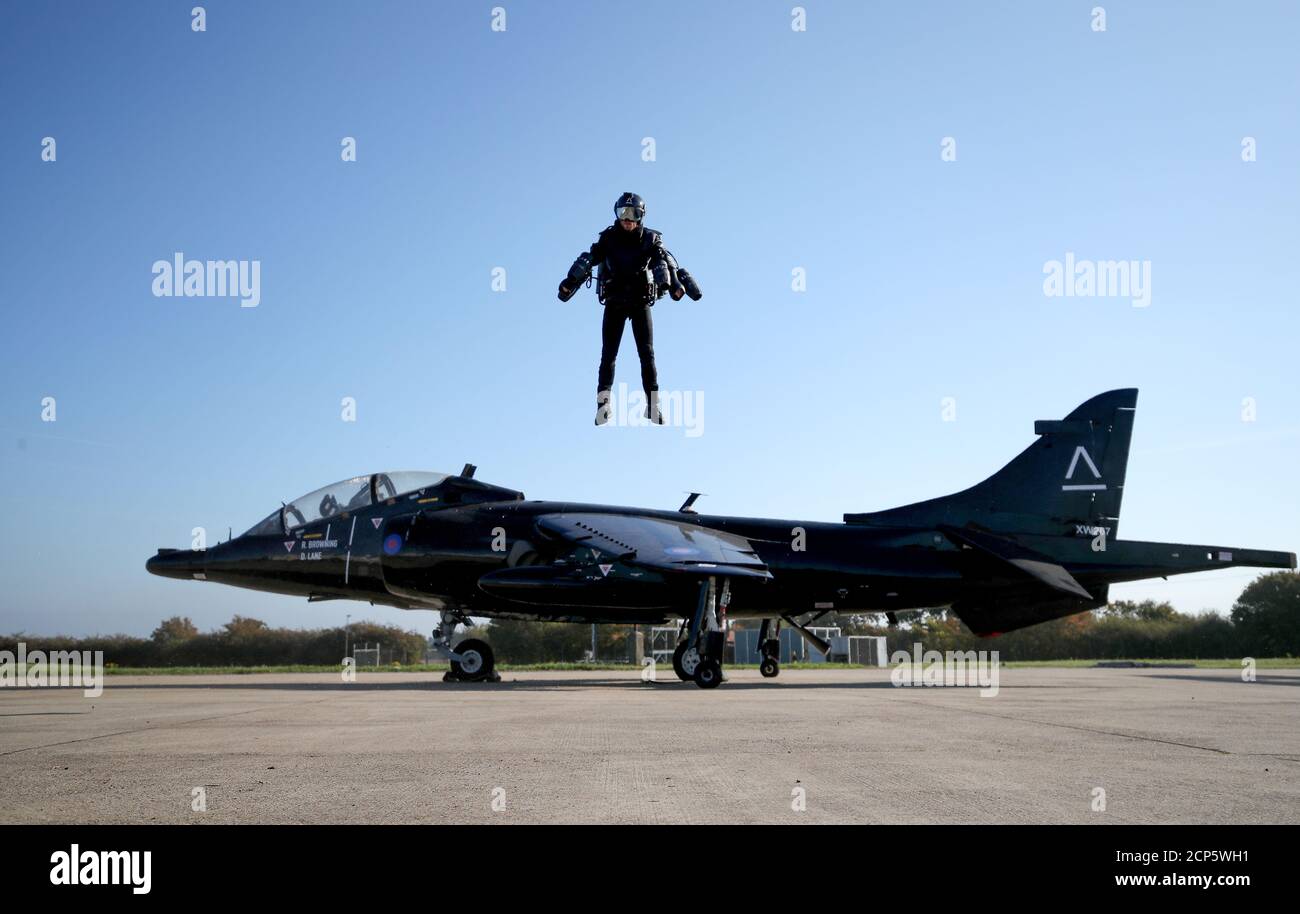 Richard Browning, Chief Test Pilot and CEO of Gravity Industries, wears a Jet Suit and flies during a demonstration flight at Bentwaters Park, Woodbridge, Britain, October 4, 2018. REUTERS/Chris Radburn Stock Photo