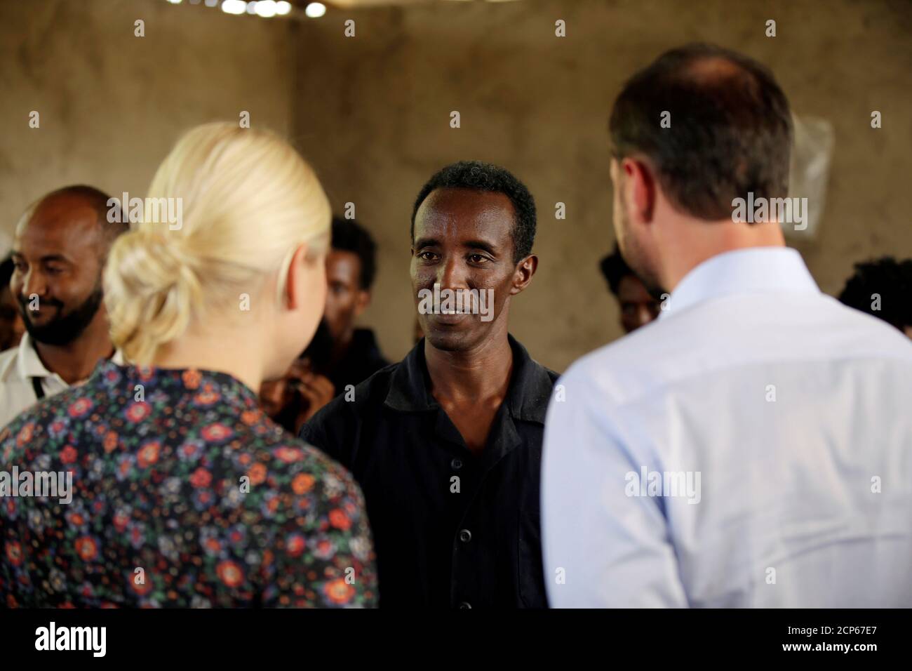 Crown Prince of Norway Haakon Magnus and Crown Princess Mette Marit talk to an Eritrean refugee in Hitsats refugee camp near Eritrean boarder, in Tigrai region, Ethiopia, November 9, 2017. REUTERS/Tiksa Negeri Stock Photo