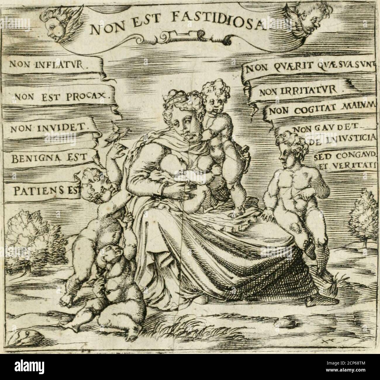 . Emblemes, ov, Devises chrestiennes . a^^s^- . Cefi arhre grand ^ pm[fant efl rompuqAu foujfle feul du ventplm que Im fort:Mais ï arhriffeau ainfi hrifer ri a peu,Clm sef-ployéfbuXvnJJgrandejfort.Humilité apporte grand confort.Orgue il ne fait au attirer mal ^ perte.Lhumble toufiours aura de Dieufupport.2)^ ïarrogant la ruinj^eftaperte. ht JEMBLEME CHRESTIEN 55?. En contemplant ceïie femme^ vojezj§luè chanté eji vnj^ œuurj^! exceUente,^luidU, fajfojyfans charité, croyez^Que faujfement deftre Chreftien fe vante.Charité ( ây-ie ) de foy viuenaijfante:J(^n ceUe-la dun Turc^ou infidèle.Car cefi Stock Photo