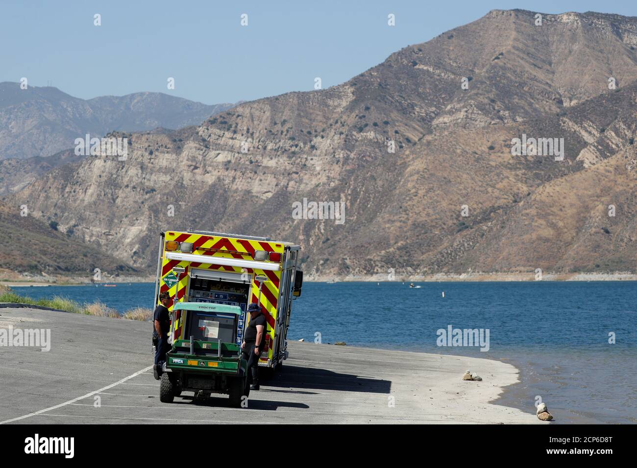 An emergency vehicle is seen during the search for missing actor Naya