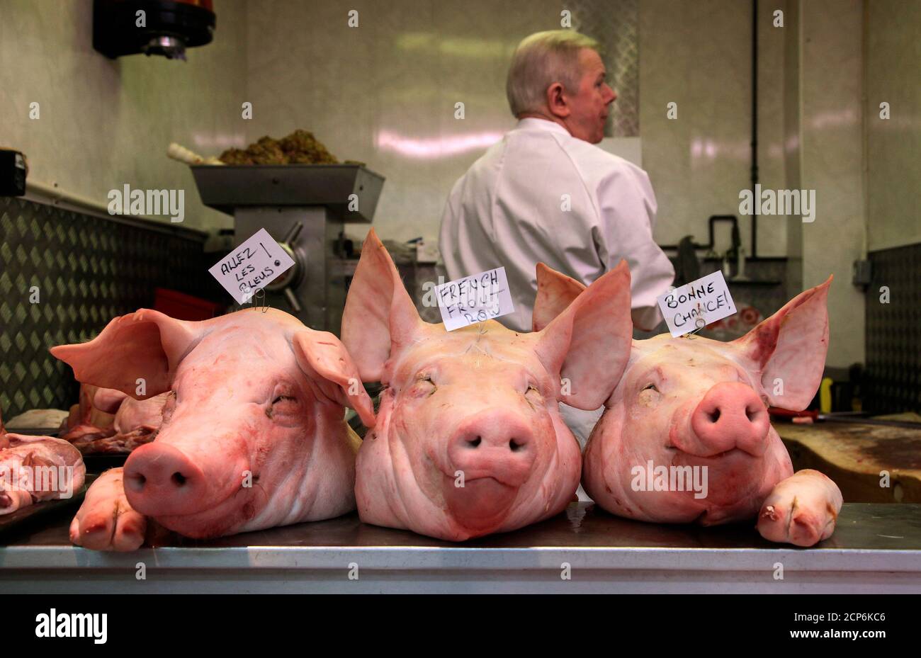 A butcher shows his support for the French rugby team by sticking messages  on pigs' heads before the team's Six Nations rugby union match against  Wales in Cardiff March 17, 2012. The