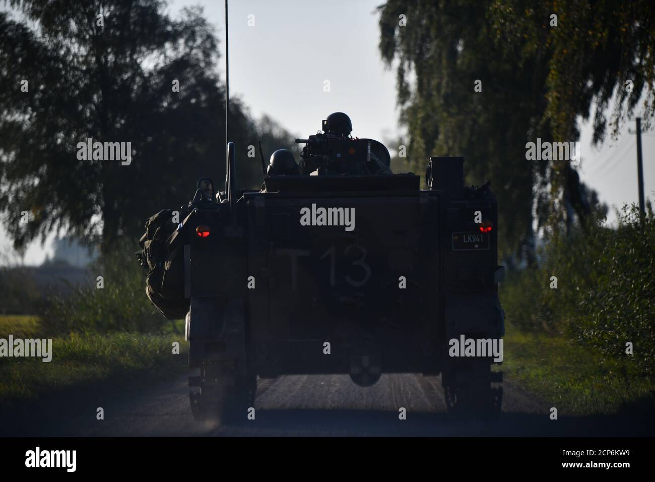 U.S. Soldiers and Lithuanian soldiers convoy to their staging point during exercise Tobruq Legacy 20 (TOLY20) in Panevezys, Lithuania, Sept. 16, 2020. TOLY20 is a multinational air defense exercise taking place from Sept. 12-27, 2020 in Lithuania, Germany and Poland. The purpose of this exercise is to enhance interoperability with NATO forces and increase readiness through the integration of land component air missile defense capabilities. Nations participating in Tobruq Legacy include Czech Republic, Estonia, France, Hungary, Italy, Latvia, Lithuania, Poland, and the United States. Lithuania Stock Photo