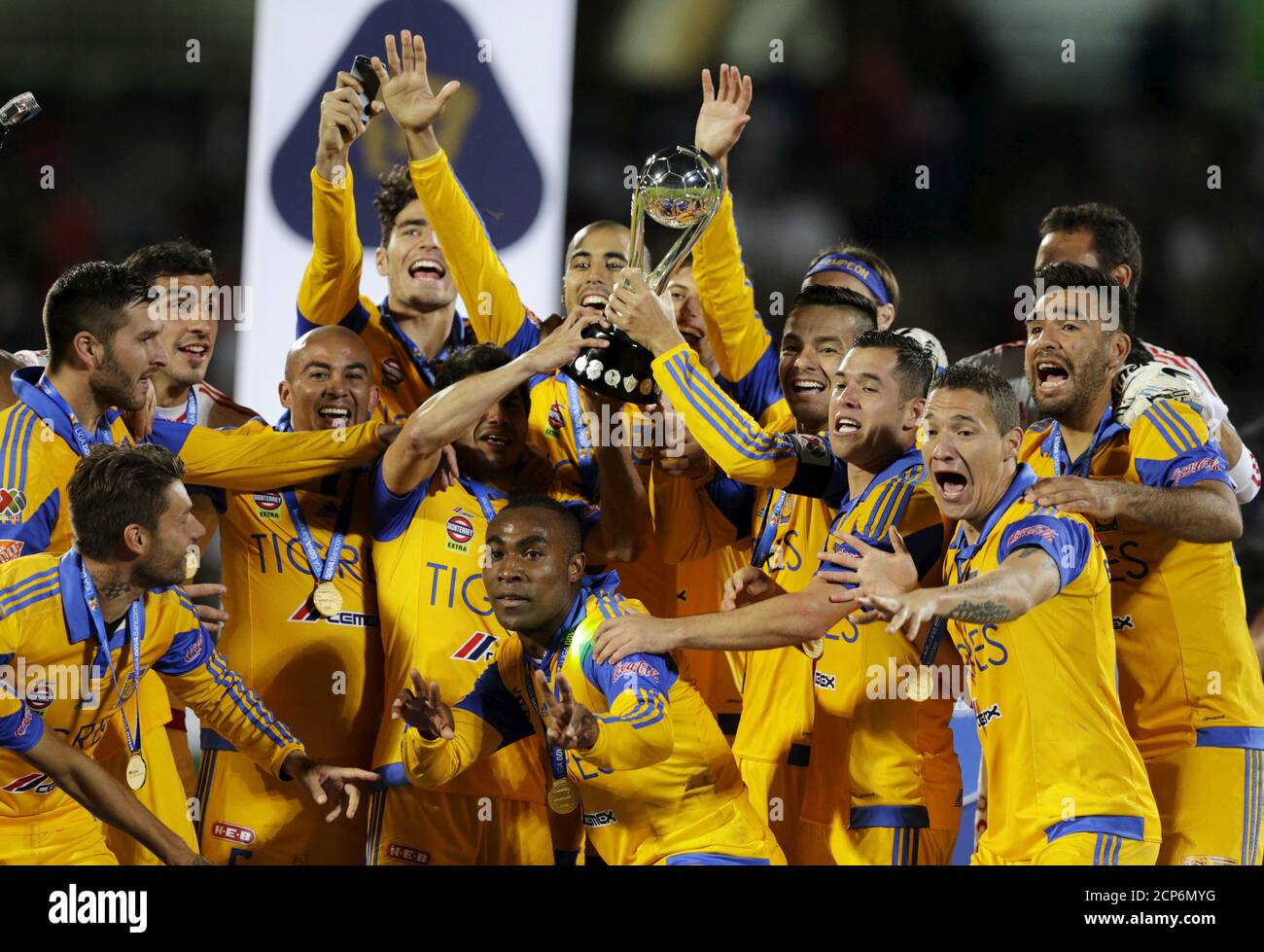 Football Soccer - Tigres v Pumas - The first leg of their Mexican first  division final soccer match - Universitario stadium, Monterrey, Mexico -  10/12/15 Tigres' Andre-Pierre Gignac celebrates their victory against