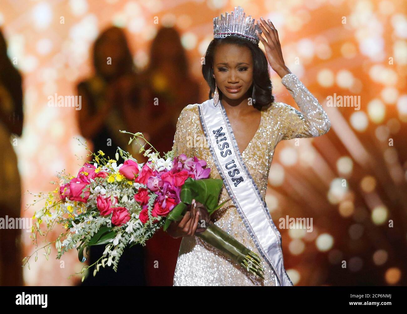 Deshauna Barber of the District of Columbia reacts after being crowned Miss USA during the 2016 Miss USA pageant at the T-Mobile Arena in Las Vegas, Nevada, U.S., June 5, 2016. REUTERS/Steve Marcus Stock Photo