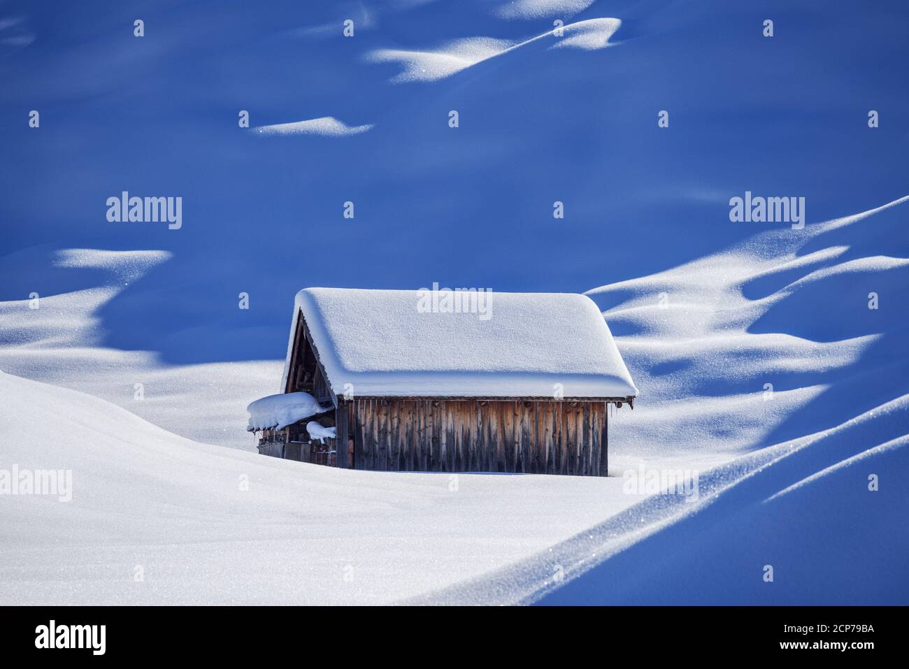 Snow-covered hut in front of the humpback meadows, Mittenwald, Werdenfelser Land, Upper Bavaria, Bavaria, Southern Germany, Germany, Europe Stock Photo