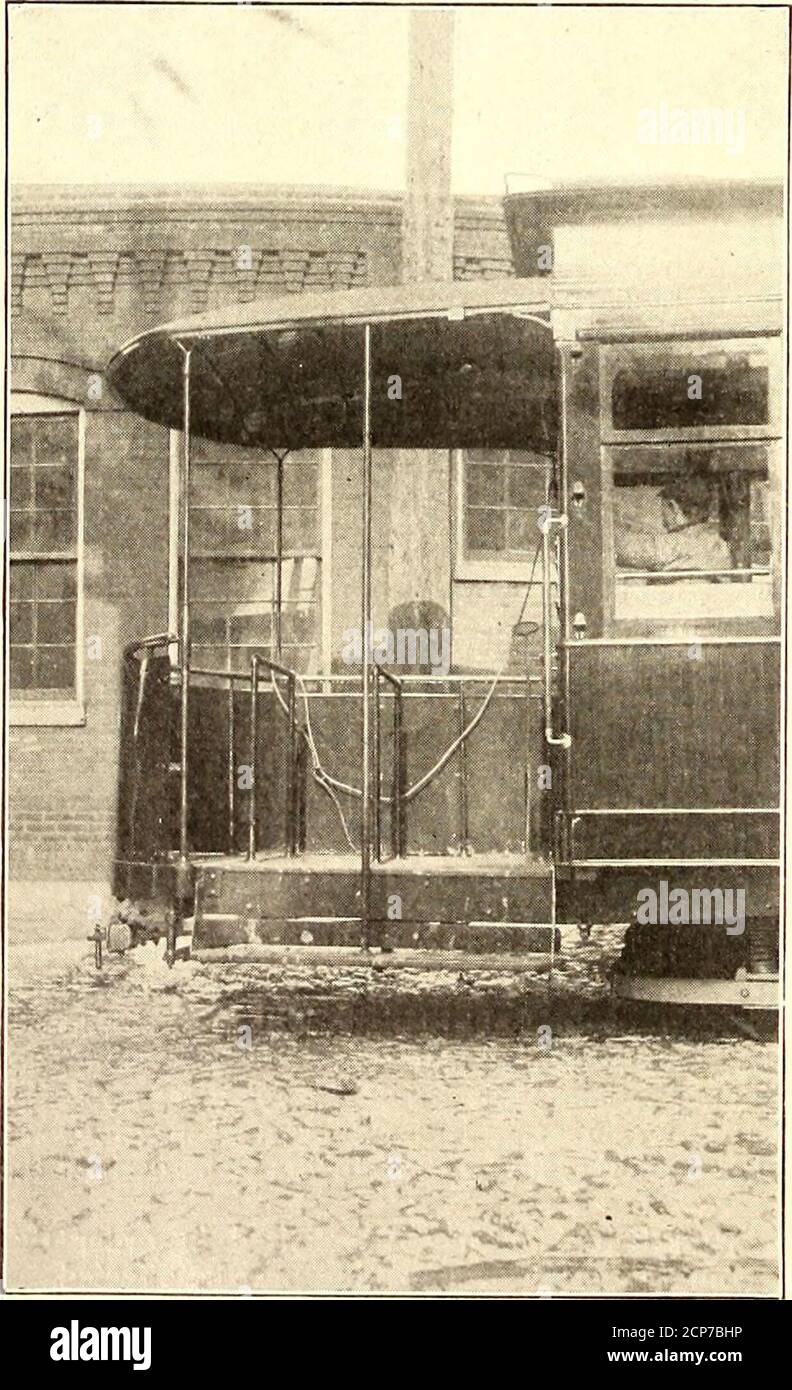 . The Street railway journal . FIG. 1.—NEW SEMI-CONVERTIBLE CAR IN ST. LOUIS this new standard type of semi-convertible car adopted by thiscompany were shown on pages 354 and 355 of the StreetRailway Journal of Aug. 29, 1903. A number of these carshave now been completed, so that it is possible to reproduce. FIG. 2.—LONG PLATFORM WITH TWO RAIL-INGS IN ST. LOUIS FIG. 3.- photographs of them herewith. Fig. 1 shows the exterior ap-pearance of this new car. The car bodies were built by theSt. Louis Car Company, and, as can be seen, have the channel steel side sills peculiar to that companys patent Stock Photo
