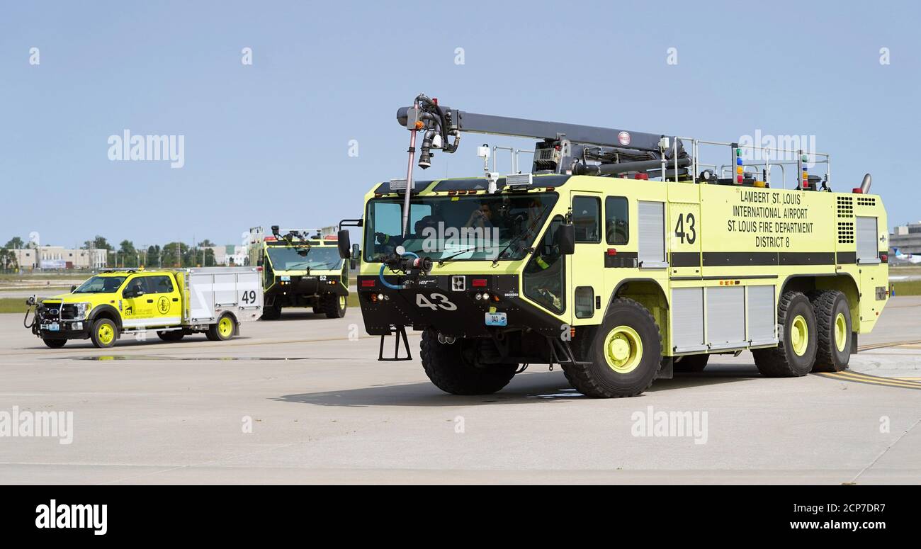St. Louis, United States. 18th Sep, 2020. Firefighters from St. Louis-Lambert International Airport, approach a F-18 military jet that has made an emergency landing at St. Louis-Lambert International Airport in St. Louis on Friday, September 18, 2020. Photo by Bill Greenblatt/UPI Credit: UPI/Alamy Live News Stock Photo