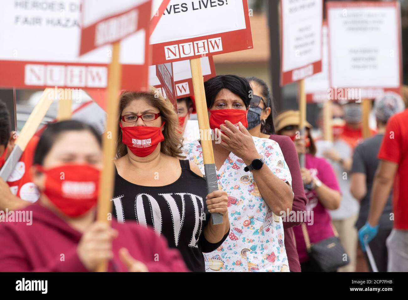 Workers at Kindred Hospital Westminster protest outside the hospital to demand management take immediate measures to protect them and their patients from further infection inside the 109-bed long-term care facility during the outbreak of the coronavirus disease (COVID-19) in Westminster, California, U.S., July 22, 2020. REUTERS/Mike Blake Stock Photo