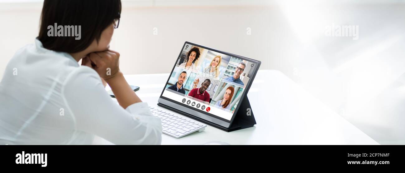 Online Video Conference Or Business Interview On Tablet Stock Photo