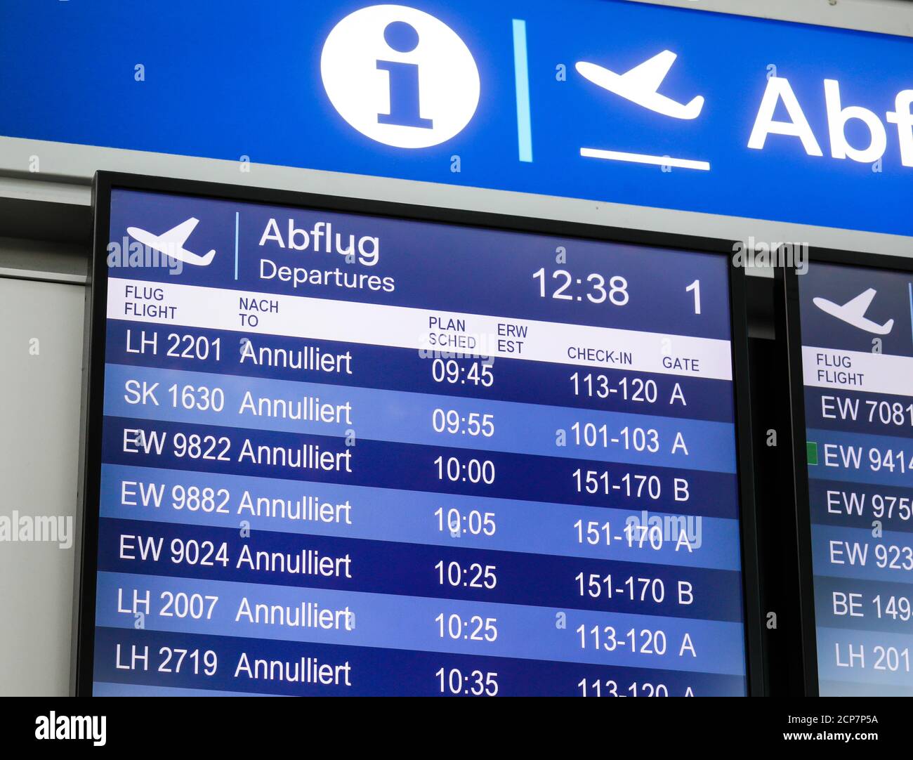 Duesseldorf, North Rhine-Westphalia, Germany - Duesseldorf International Airport, DUS, display board with canceled flights, here on the occasion of a Stock Photo