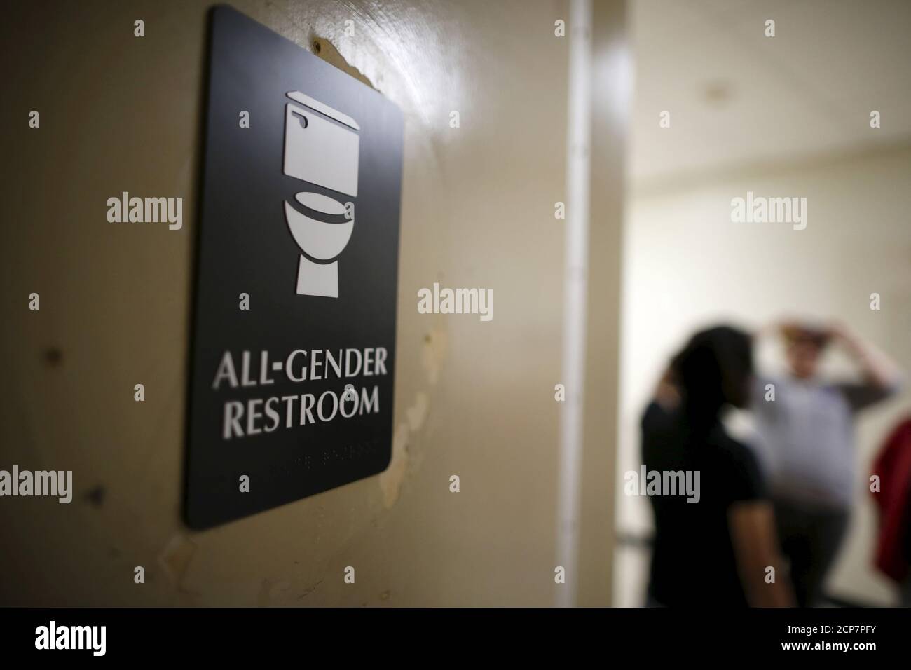 The first gender-neutral restroom in the Los Angeles school district is seen at Santee Education Complex high school in Los Angeles, California, U.S., April 18, 2016. REUTERS/Lucy Nicholson      TPX IMAGES OF THE DAY Stock Photo