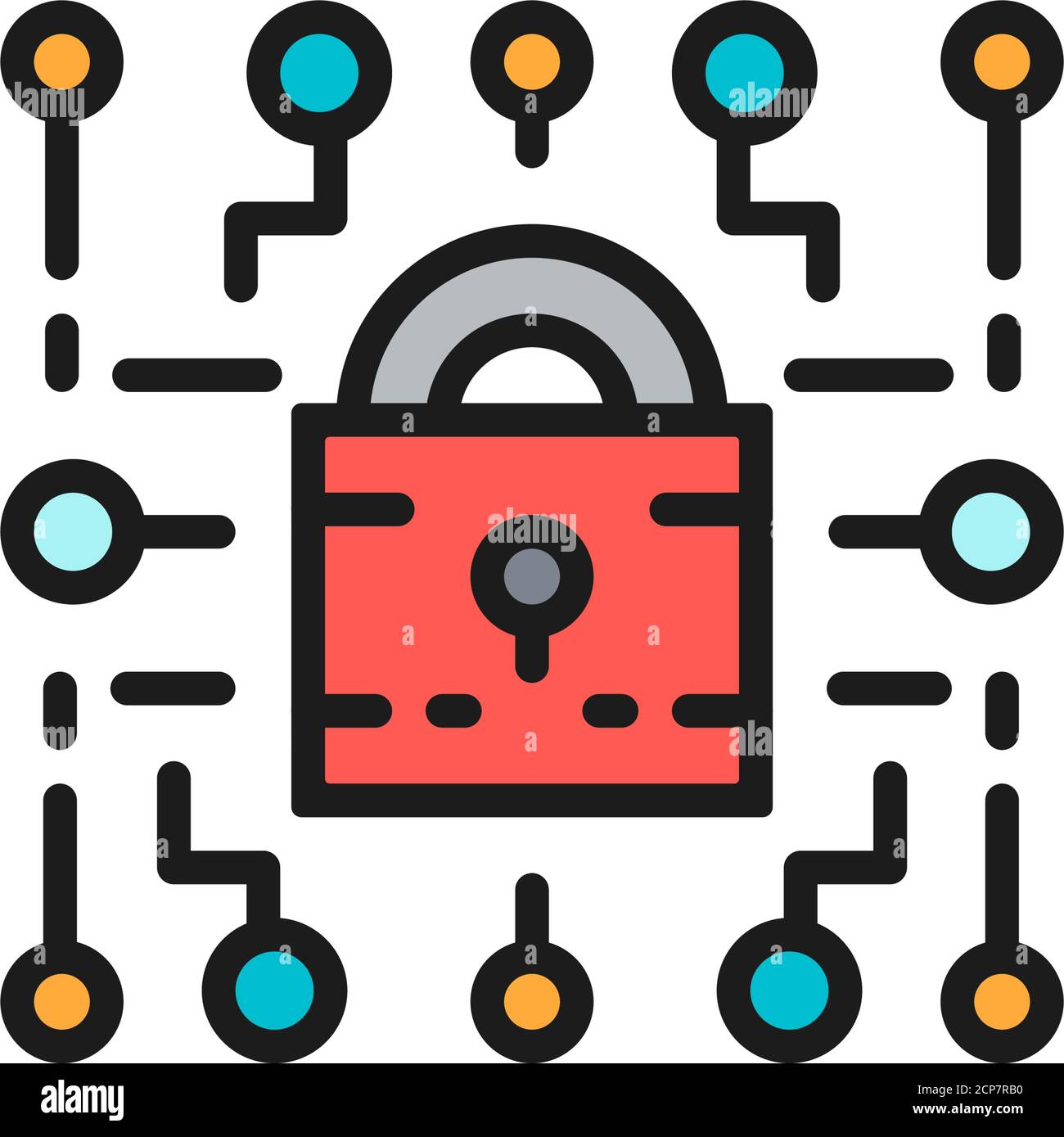 Cyber lock, web security, cryptography flat color line icon. Stock Vector