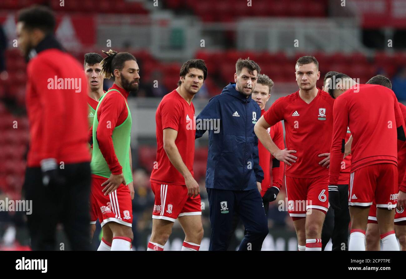 Soccer Football - FA Cup Fourth Round - Middlesbrough vs Brighton & Hove Albion - Riverside Stadium, Middlesbrough, Britain - January 27, 2018   Middlesbrough coach Jonathan Woodgate and Ben Gibson during the warm up before the match    REUTERS/Scott Heppell Stock Photo