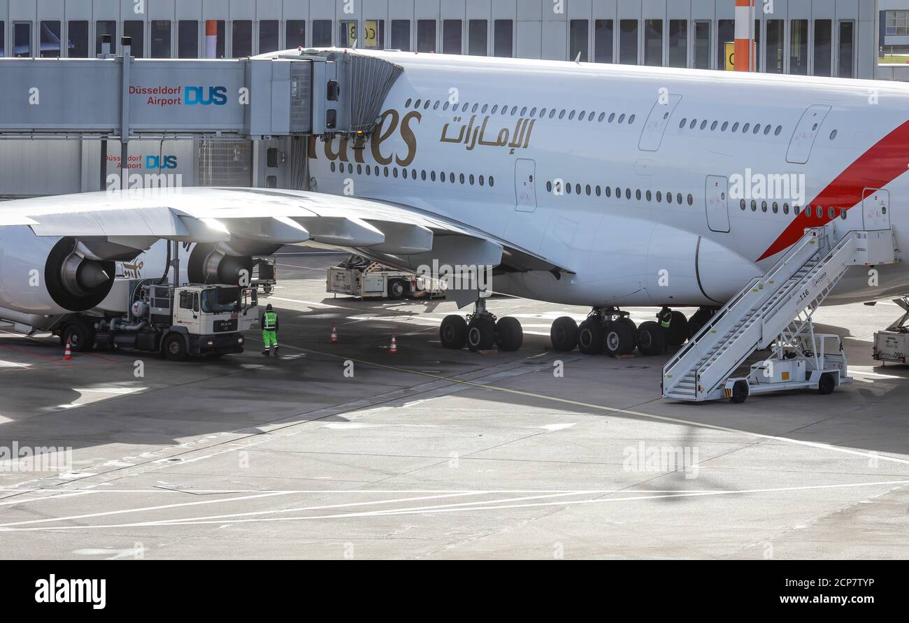 Duesseldorf, North Rhine-Westphalia, Germany - Emirates Airbus A380-800 airplane parked at the gate, Duesseldorf International Airport, DUS Stock Photo