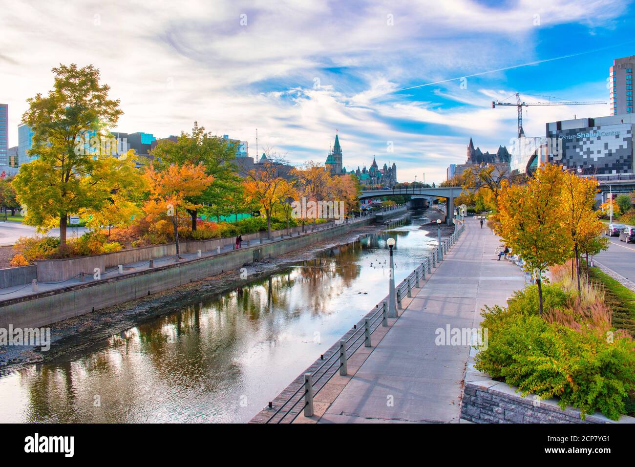 Beautiful view of Parliament Hill and Fairmount Hotel from Rideau Canal in autumn Stock Photo