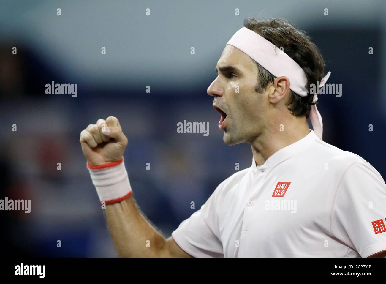 Tennis - Shanghai Masters - Shanghai, China - October 10, 2018 - Roger Federer of Switzerland celebrates his victory against Daniil Medvedev of Russia. REUTERS/Aly Song Stock Photo