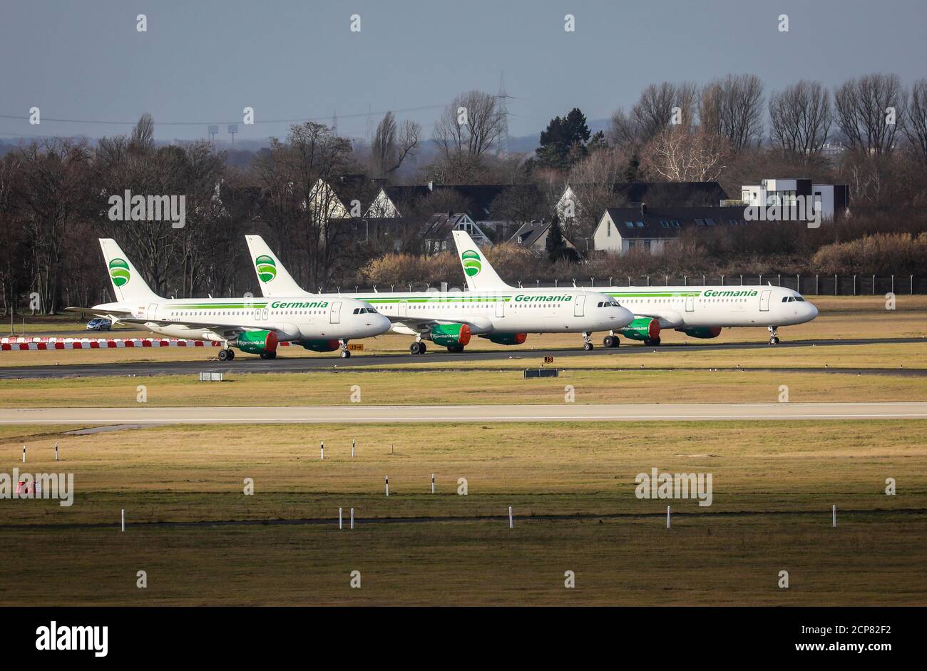 Duesseldorf, North Rhine-Westphalia, Germany - Germania aircraft parked at Duesseldorf Airport Stock Photo