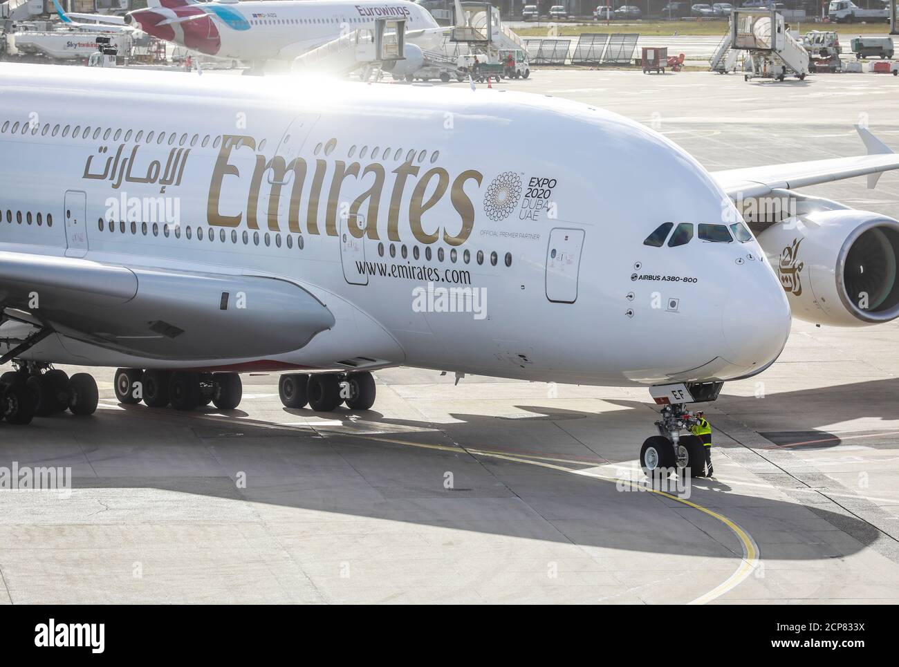 Duesseldorf, North Rhine-Westphalia, Germany - Emirates Airbus A380-800 airplane on the way to the runway, Duesseldorf International Airport, DUS Stock Photo