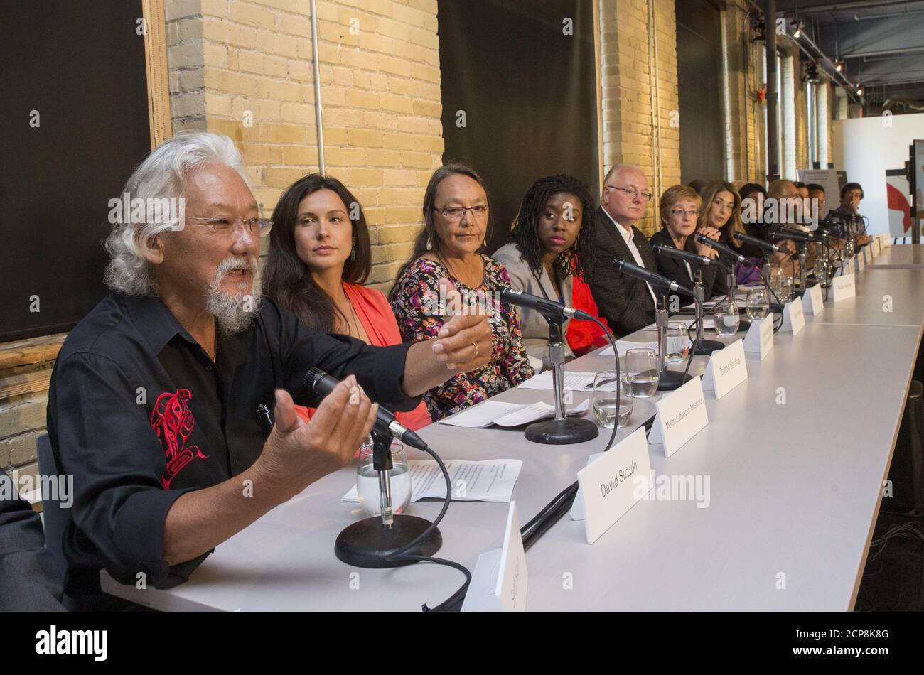 Environmental activist David Suzuki (L) speaks during news conference to launch the 'Leap Manifesto: A Call for a Canada Based on Caring for the Earth and One Another ' in Toronto, September 15, 2015. The Leap Manifesto is a group consisting of activists, artists, and celebrities that call for strong environmental policy changes and initiatives.  REUTERS/Mark Blinch Stock Photo