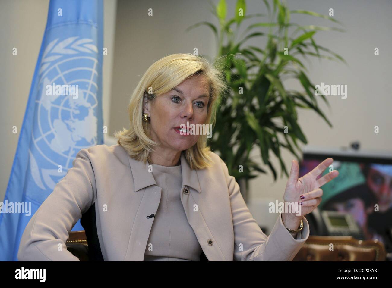 United Nations Special Coordinator for Lebanon Sigrid Kaag speaks during interview with Reuters at her office in Beirut, February 3, 2016. Lebanon has weathered five years of Middle Eastern turmoil remarkably well but its stability should not be taken for granted and it needs long-term financial help to cope with a huge number of Syrian refugees, a senior U.N. official said. U.N. Special Coordinator for Lebanon Sigrid Kaag, speaking before a Syria donors' conference in London, said on Wednesday that the refugee crisis must be recognised as long-term and the response must move beyond meeting hu Stock Photo