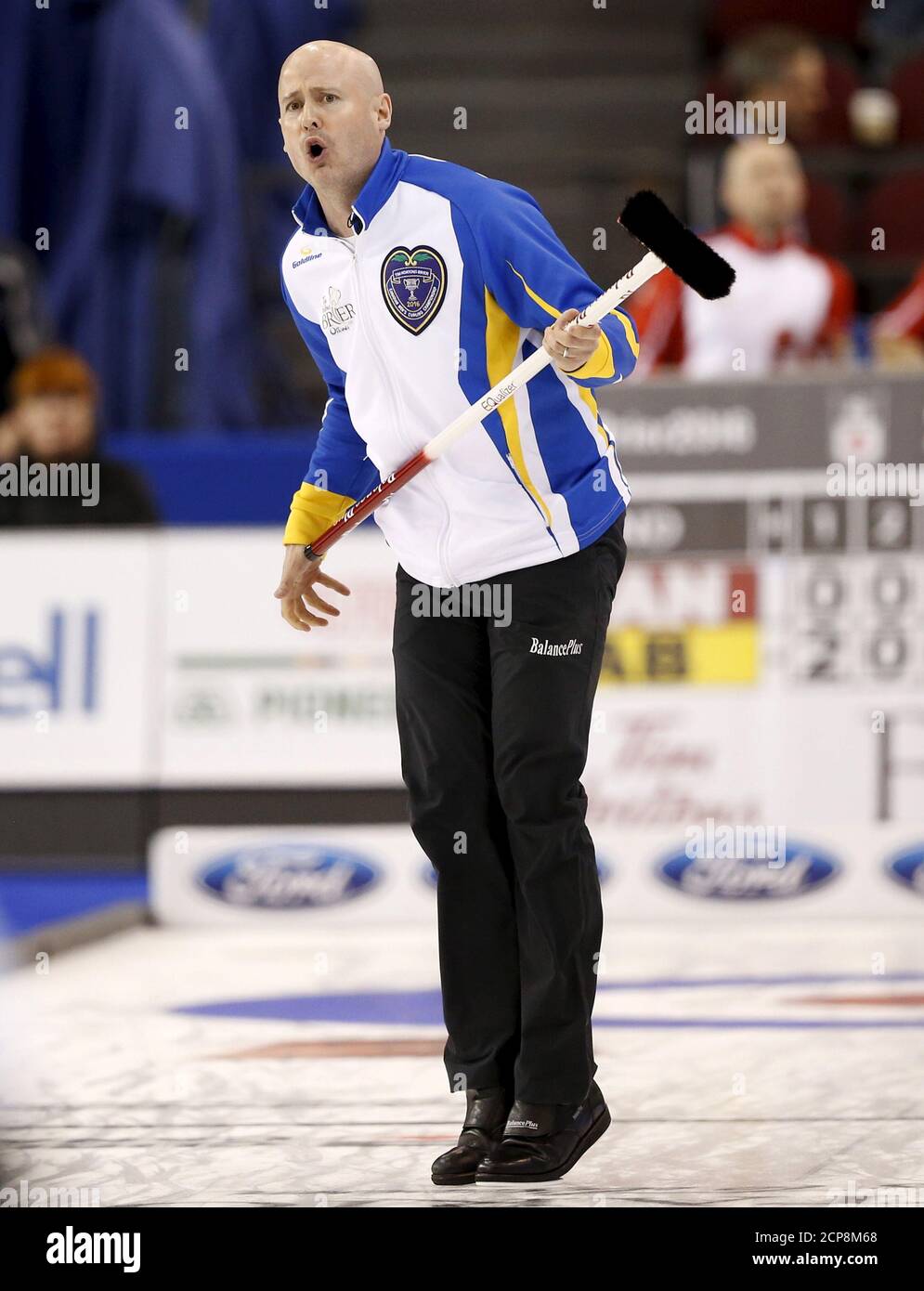 Team Alberta skip Kevin Koe reacts to his shot against Team Canada at the Brier curling championships in Ottawa, Canada, March 10, 2016. REUTERS/Chris Wattie Stock Photo