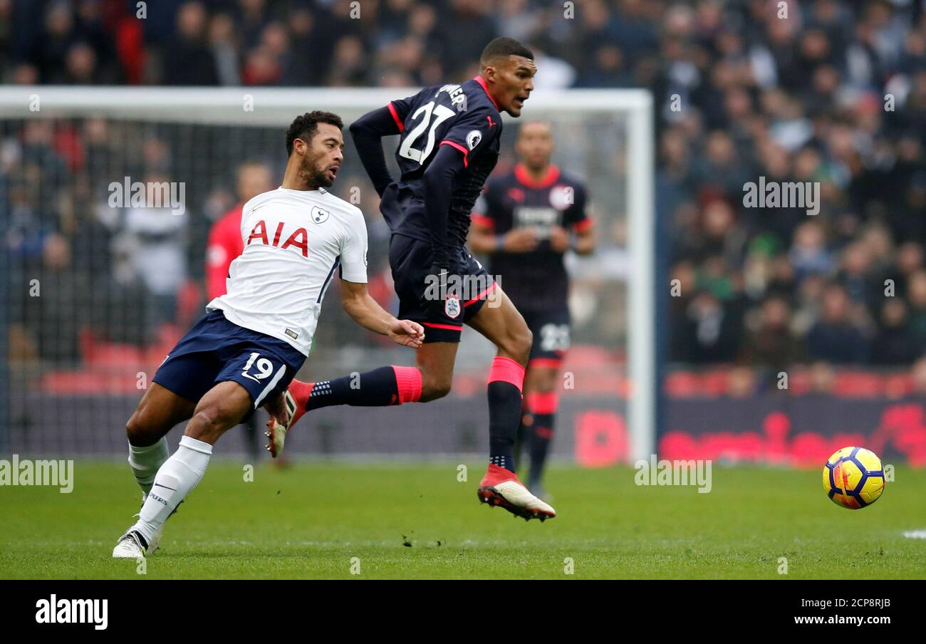 Soccer Football - Premier League - Tottenham Hotspur vs Huddersfield Town - Wembley Stadium, London, Britain - March 3, 2018   Tottenham's Mousa Dembele in action with Huddersfield Town’s Collin Quaner    REUTERS/Eddie Keogh    EDITORIAL USE ONLY. No use with unauthorized audio, video, data, fixture lists, club/league logos or 'live' services. Online in-match use limited to 75 images, no video emulation. No use in betting, games or single club/league/player publications.  Please contact your account representative for further details. Stock Photo