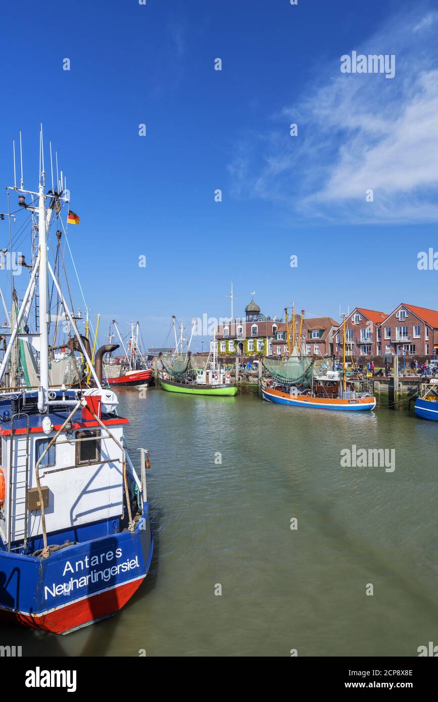 Fishing boats in the port of Neuharlingersiel, East Frisia, North Sea Coast, Lower Saxony, Northern Germany, Germany, Europe Stock Photo