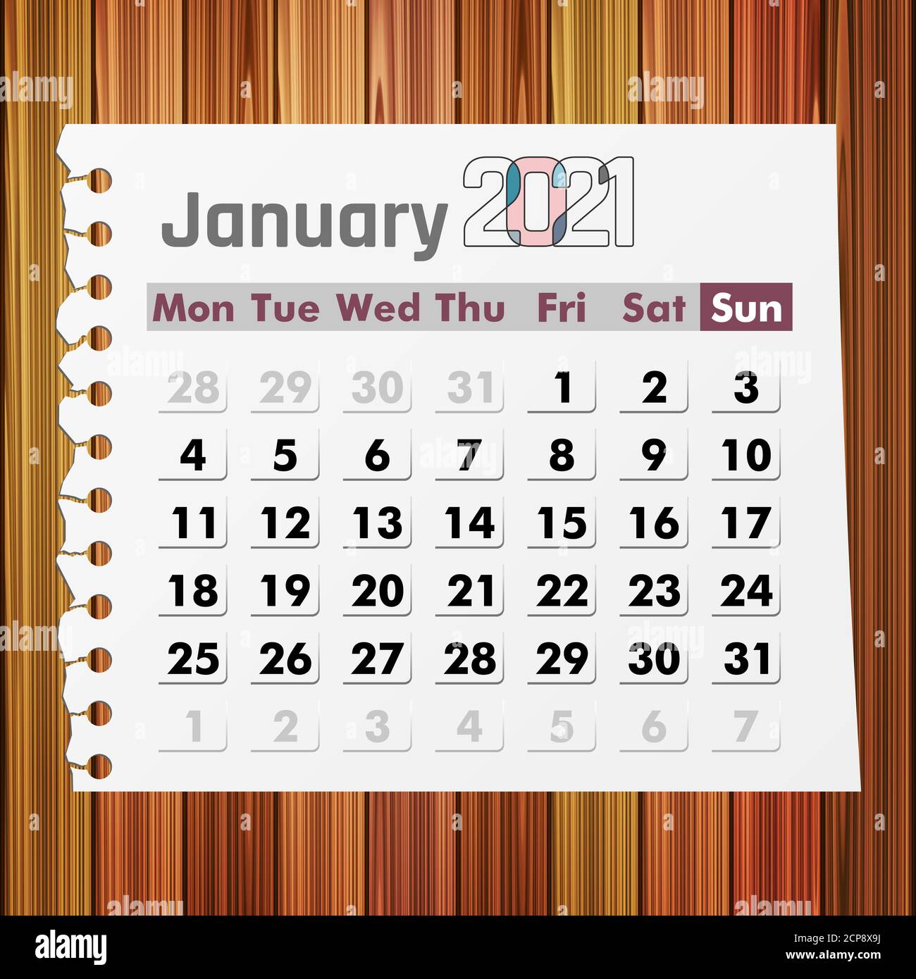 Calendar January 2021 on wood background. Vector illustration Stock
