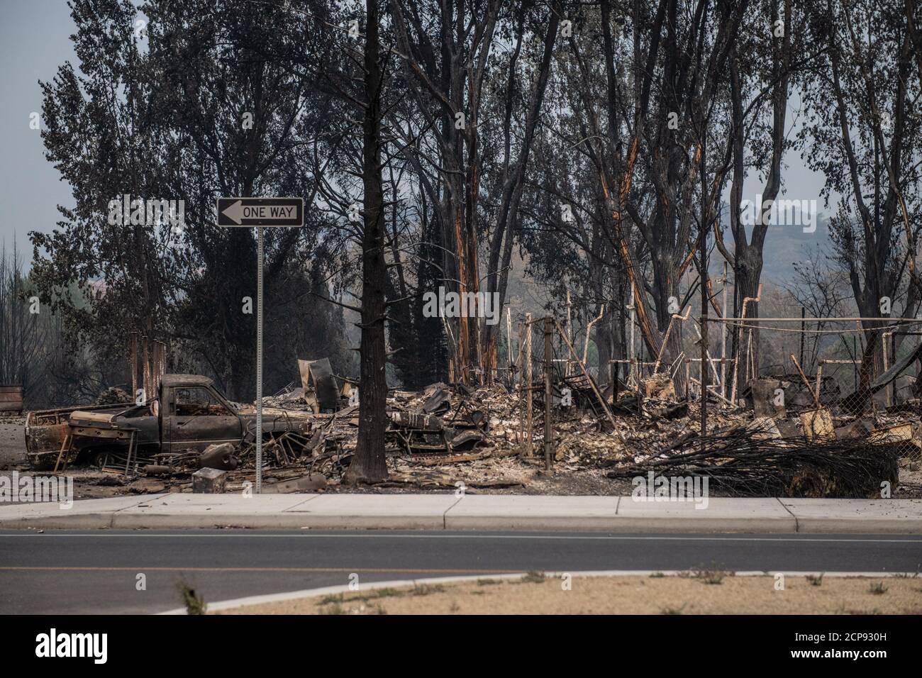 Phoenix, United States. 18th Sep, 2020. PHOENIX, ORE - SEPTEMBER 18, 2020: A general view of the aftermath of the Almeda Fire. The town of Phoenix, Oregon, showing the burned out homes, cars and rubble left behind. In Phoenix, about 20 miles north of the California border, homes were charred beyond recognition. Across the western US, at least 87 wildfires are burning, according to the National Interagency Fire Center. They've torched more than 4.7 million acres -- more than six times the area of Rhode Island. Credit: Chris Tuite/imageSPACE Credit: Imagespace/Alamy Live News Stock Photo