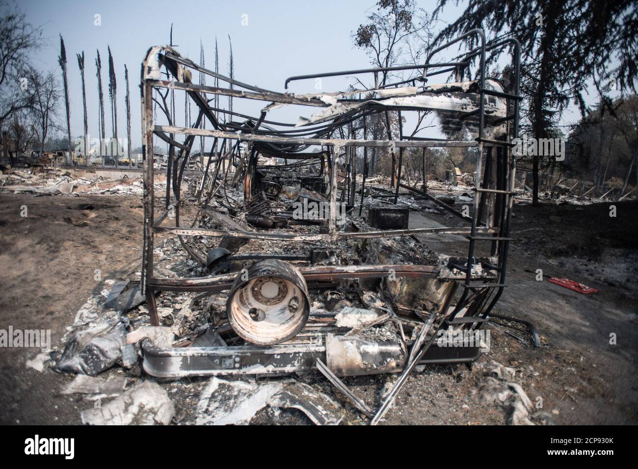 TALENT, ORE - SEPTEMBER 18, 2020: A general view of a burned out vehicle amid the aftermath of the Almeda Fire. The town of Talent, Oregon, showing the burned out homes, cars and rubble left behind. In Talent, about 20 miles north of the California border, homes were charred beyond recognition. Across the western US, at least 87 wildfires are burning, according to the National Interagency Fire Center. They've torched more than 4.7 million acres -- more than six times the area of Rhode Island. Credit: Chris Tuite/imageSPACE Stock Photo