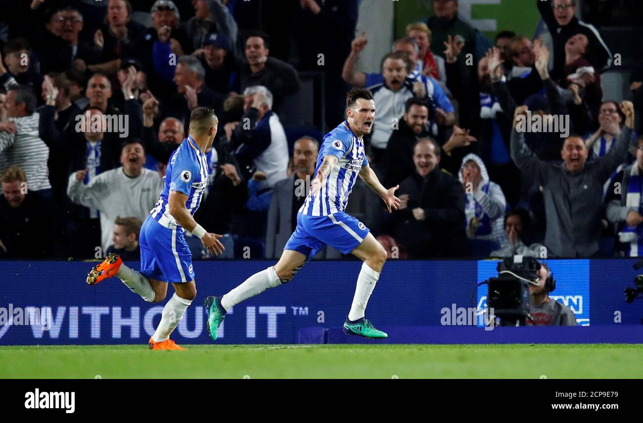 Soccer Football - Premier League - Brighton & Hove Albion v Manchester United - The American Express Community Stadium, Brighton, Britain - May 4, 2018   Brighton's Pascal Gross celebrates scoring their first goal    REUTERS/Eddie Keogh    EDITORIAL USE ONLY. No use with unauthorized audio, video, data, fixture lists, club/league logos or 'live' services. Online in-match use limited to 75 images, no video emulation. No use in betting, games or single club/league/player publications.  Please contact your account representative for further details. Stock Photo