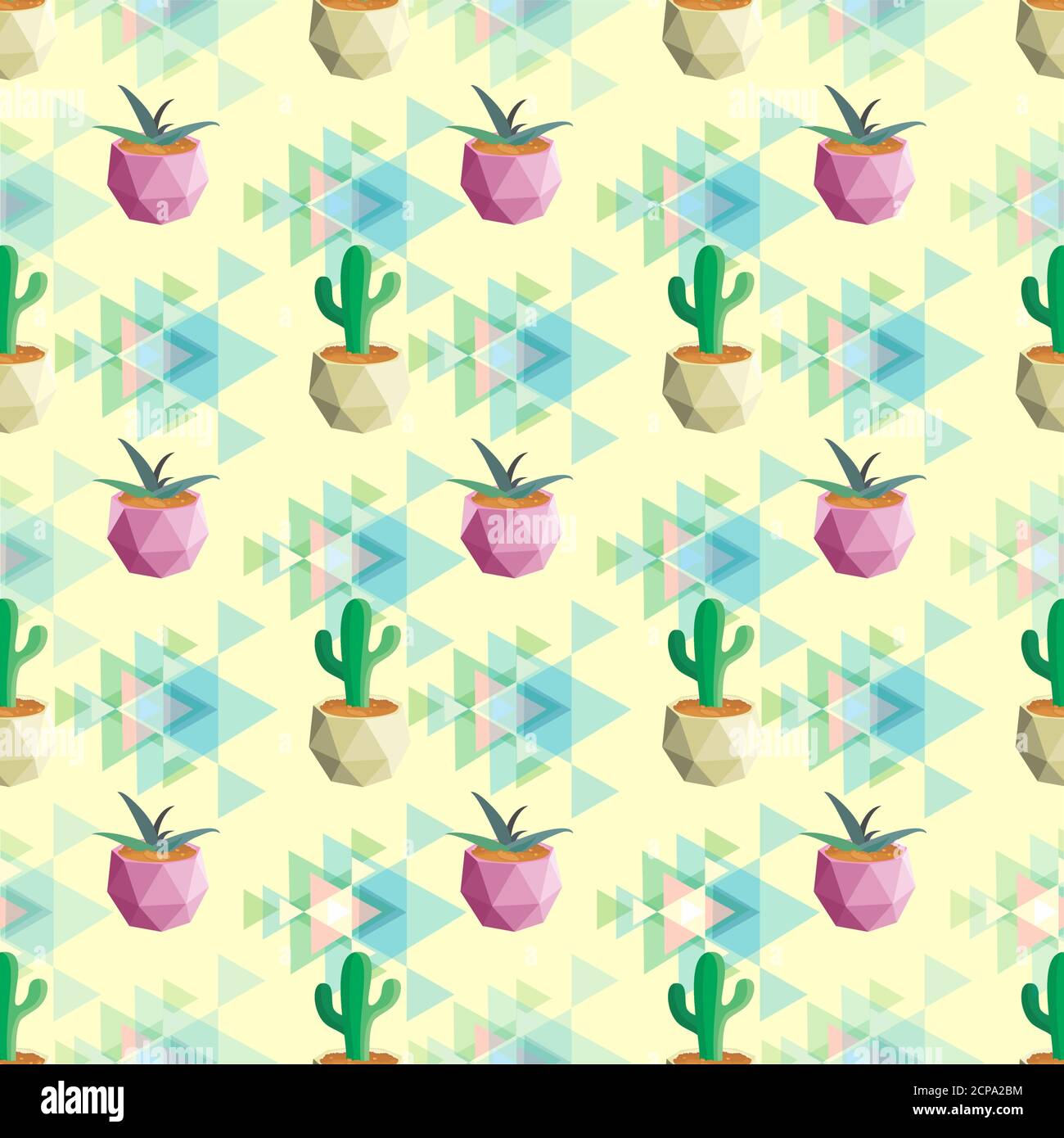 Seamless pattern cactus pastel colours, light yellow background Stock Vector