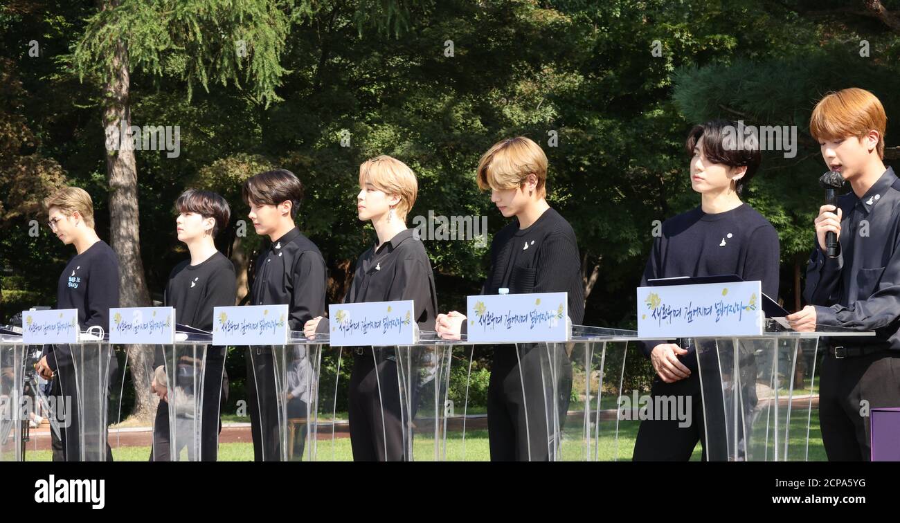 Seoul, South Korea. 19th Sep, 2020. BTS at Youth Day event Jin (R), a member of K-pop boy band BTS, delivers a speech during the inaugural Youth Day event at the presidential compound Cheong Wa Dae in Seoul on Sept, 19, 2020. Credit: Yonhap/Newcom/Alamy Live News Stock Photo