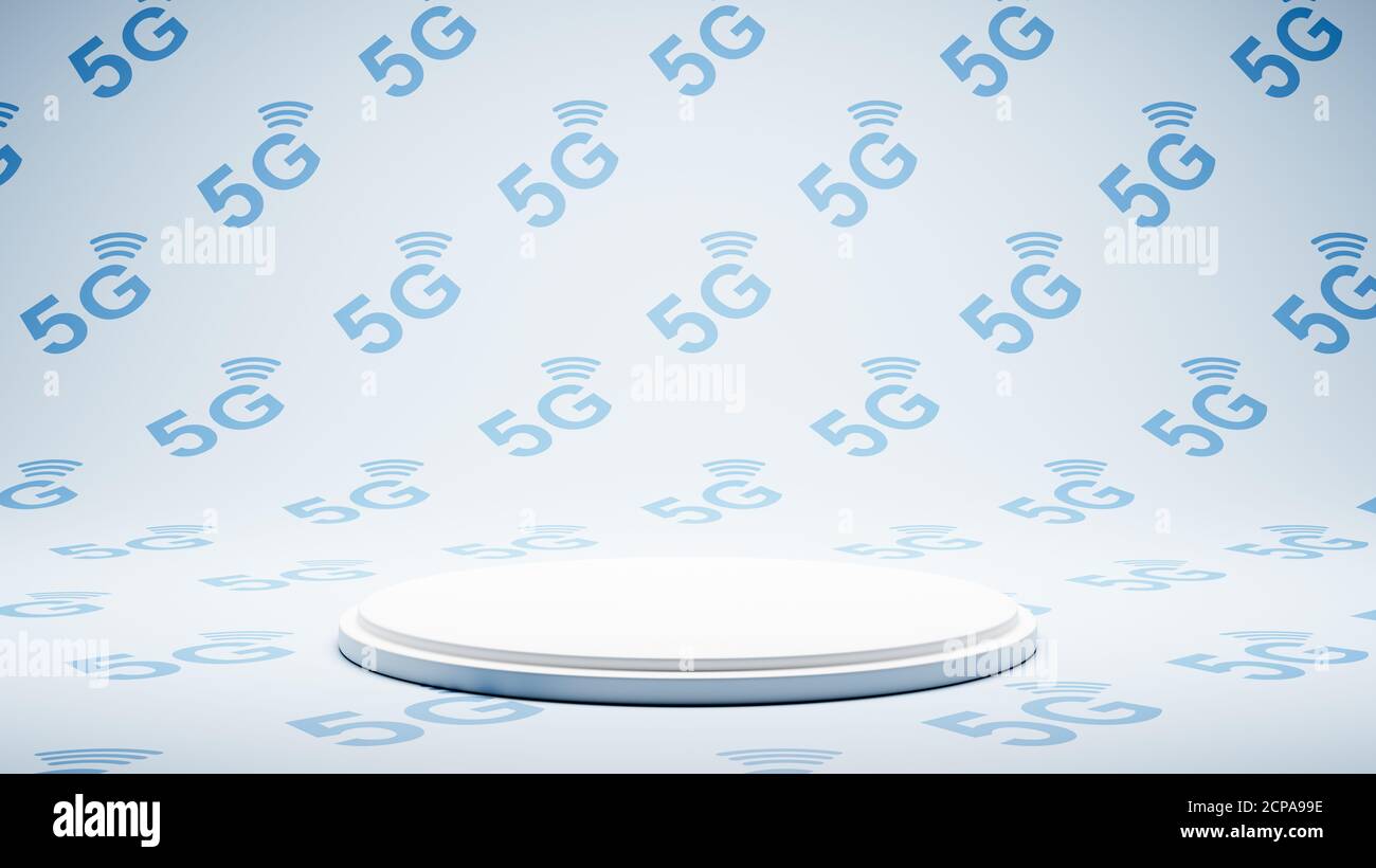Empty White Platform on 5G Pattern Studio Background Stock Photo