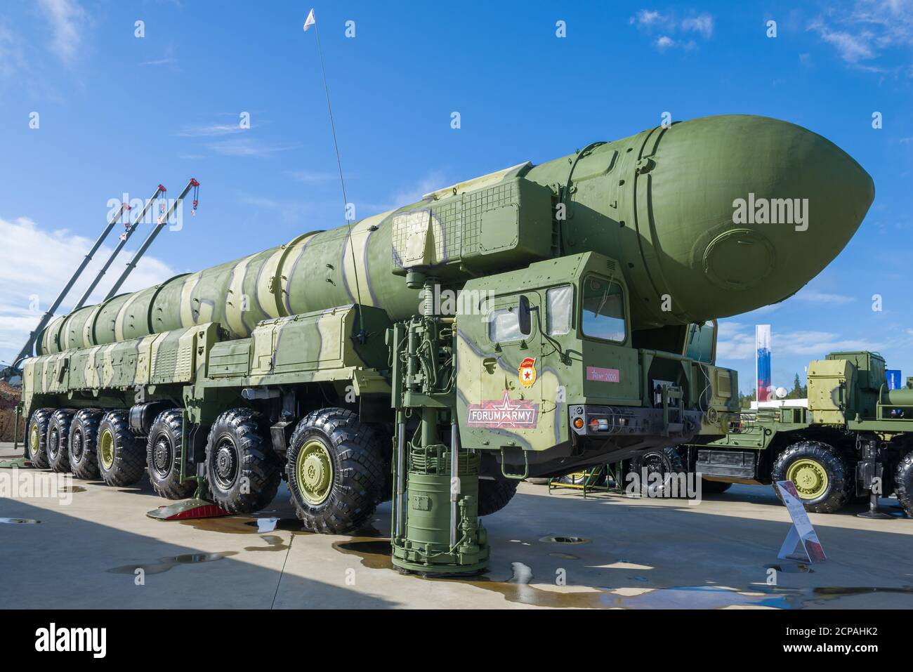 MOSCOW REGION, RUSSIA - AUGUST 27, 2020: Autonomous launcher 15U168 of the Soviet mobile strategic missile complex 15P158 'Topol' at the international Stock Photo