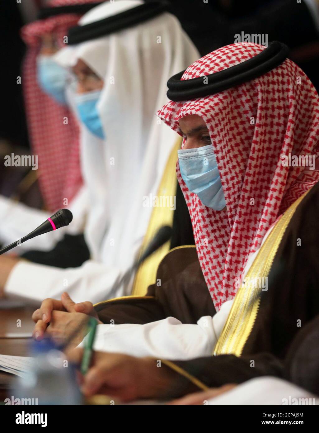 Saudi Foreign Minister Prince Faisal bin Farhan al-Saud attends a meeting with Egyptian Foreign Minister Sameh Shoukry at Tahrir Palace in Cairo, Egypt July 27, 2020. REUTERS/Mohamed Abd El Ghany REFILE - CORRECTING ID Stock Photo