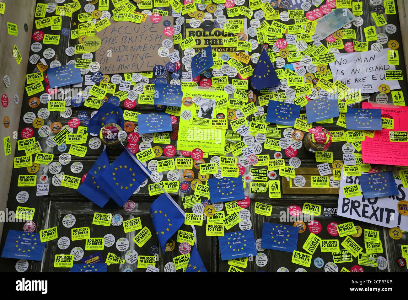 Stickers are seen attached to the Cabinet Office exterior door after an anti-Brexit march through central London, Britain October 20, 2018. REUTERS/Simon Dawson Stock Photo