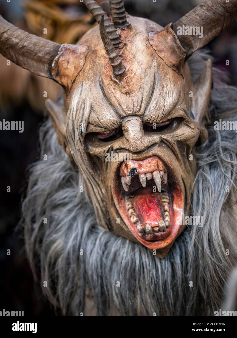 Krampuslauf at the Munich Christkindlmarkt, an old tradition that takes place at Christmas time in Bavaria, Austria and South Tyrol, Munich, Bavaria, Stock Photo