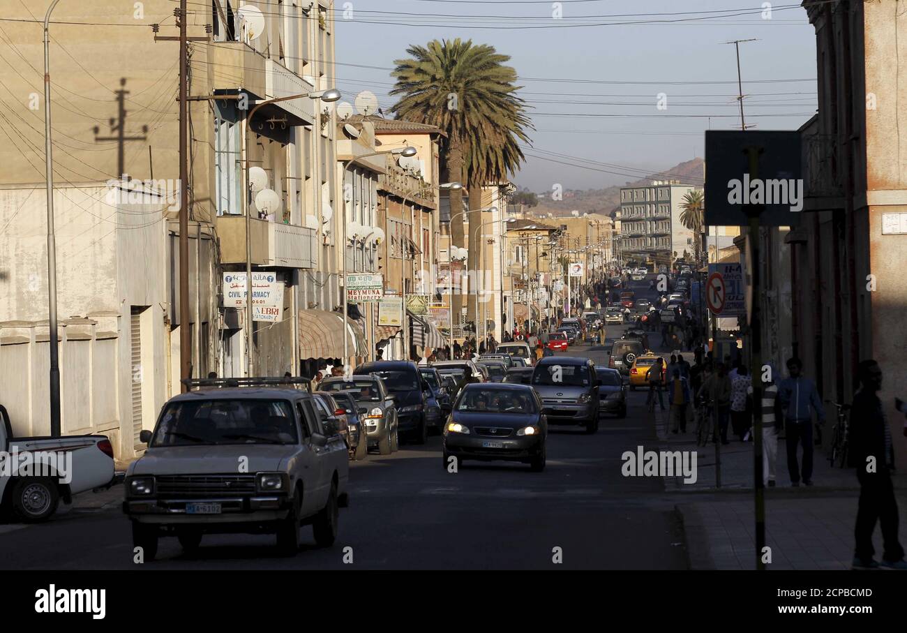 Traffic flows along a main street in Eritrea's capital Asmara, February 20, 2016. Picture taken February 20, 2016. To match Insight ERITREA-POLITICS/ REUTERS/Thomas Mukoya Stock Photo