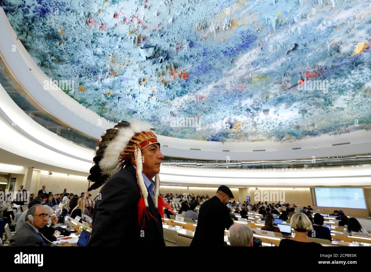 Dave Archambault II, chairman of the Standing Rock Sioux tribe, leaves after his speech against the Energy Transfer Partners' Dakota Access oil pipeline during the Human Rights Council at the United Nations in Geneva, Switzerland September 20, 2016. REUTERS/Denis Balibouse Stock Photo