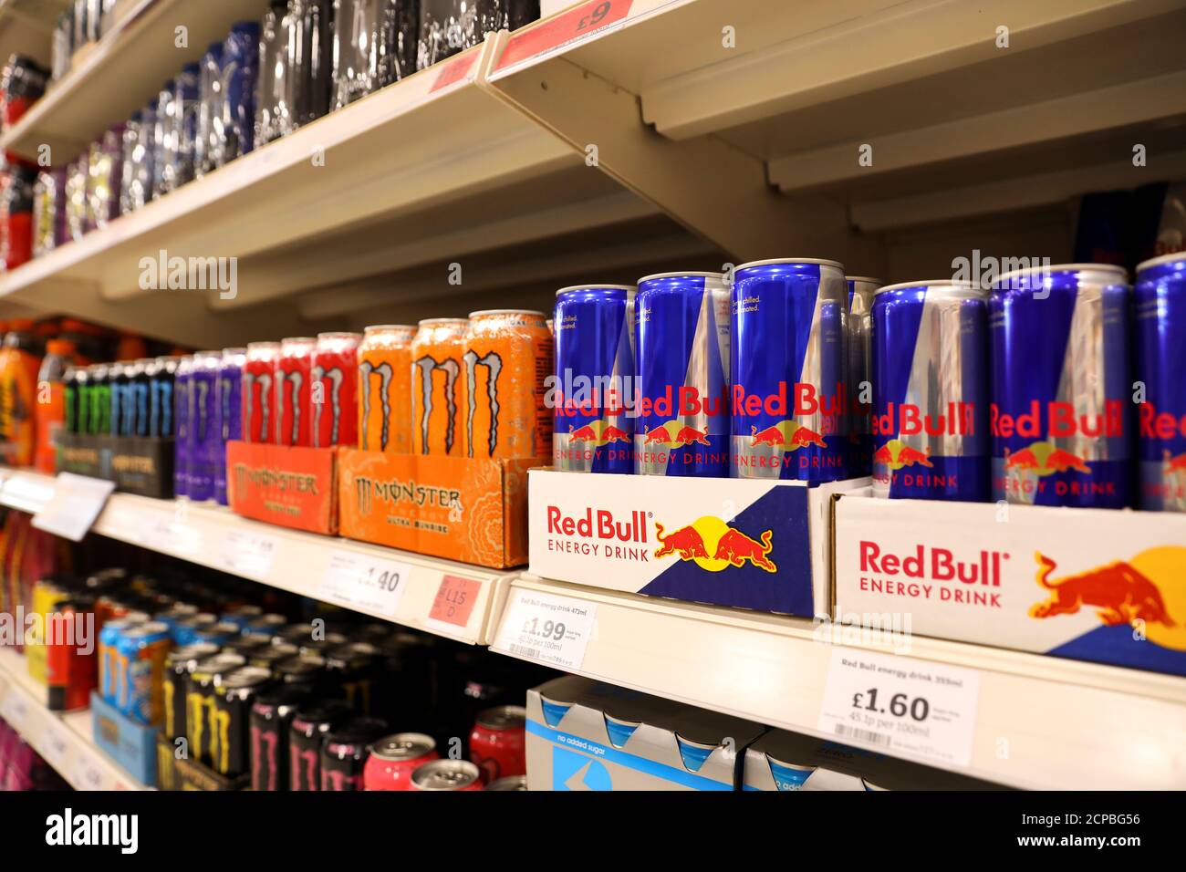 Red Bull and Monster energy drinks sit on display at a Sainsbury's store in  London, Britain, August 30, 2018. REUTERS/Simon Dawson Stock Photo - Alamy