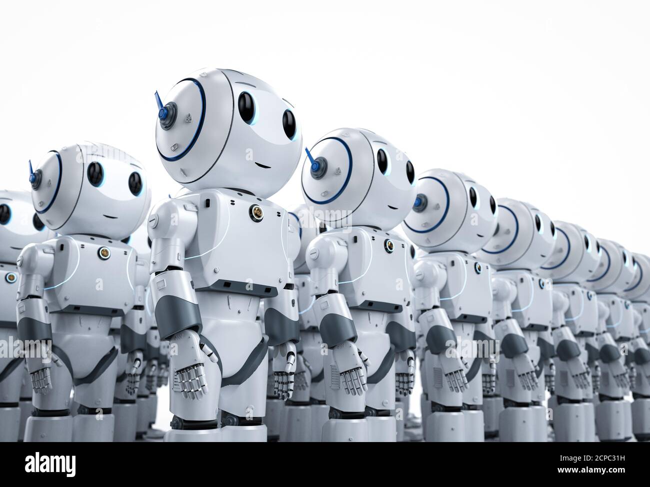 3d rendering group of cute artificial intelligence robots or robot army  with cartoon character Stock Photo - Alamy