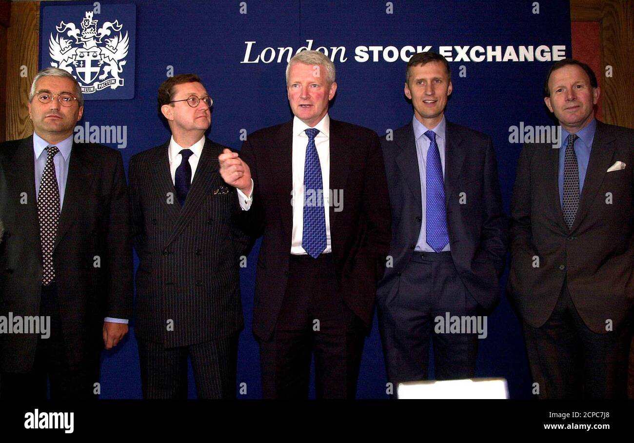 London Stock Exchange (LSE) Director of Finance and Operations Jonathan Howell (L-R), Chief Executive Gavin Casey, Chairman Don Cruickshank, Director of Business Development Martin Wheatley and Deputy Chairman Ian Salter pose for photographers before the LSE annual shareholders meeting in central London September 14, 2000. Cruickshank told the meeting the LSE would consult with shareholders on lifting its 4.9 percent limit on shareholdings.  FP Stock Photo