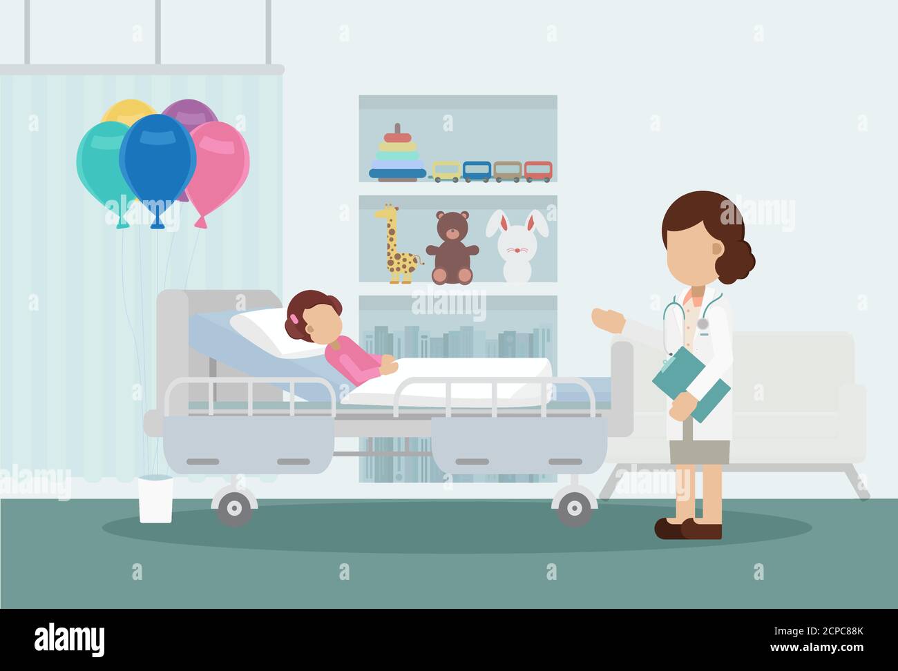 Pediatrics ward with doctor and patient flat design vector illustration Stock Vector