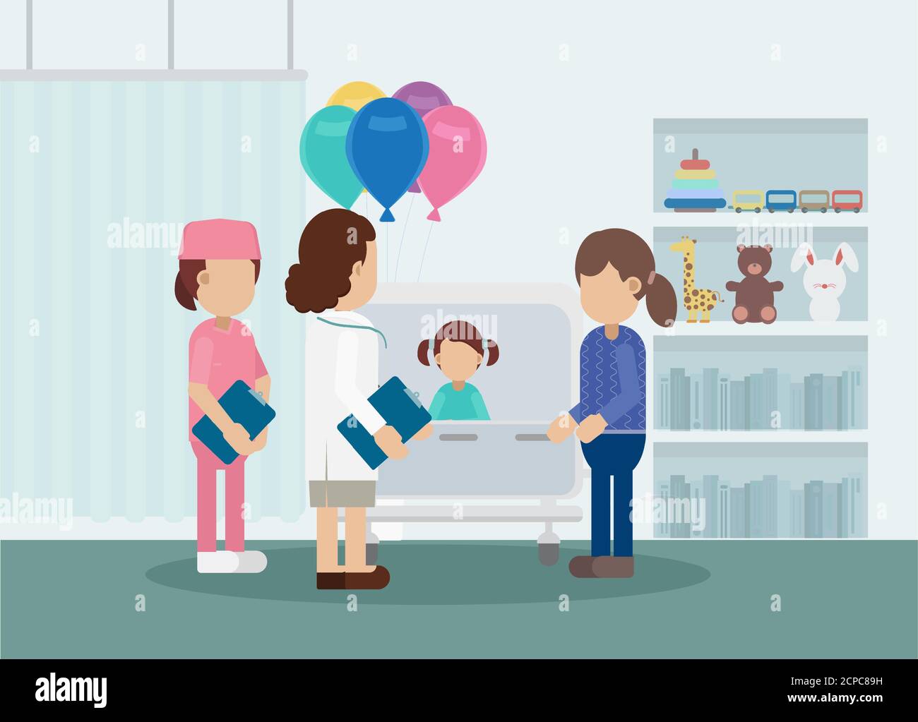 Pediatrics ward with doctor and patient flat design vector illustration Stock Vector