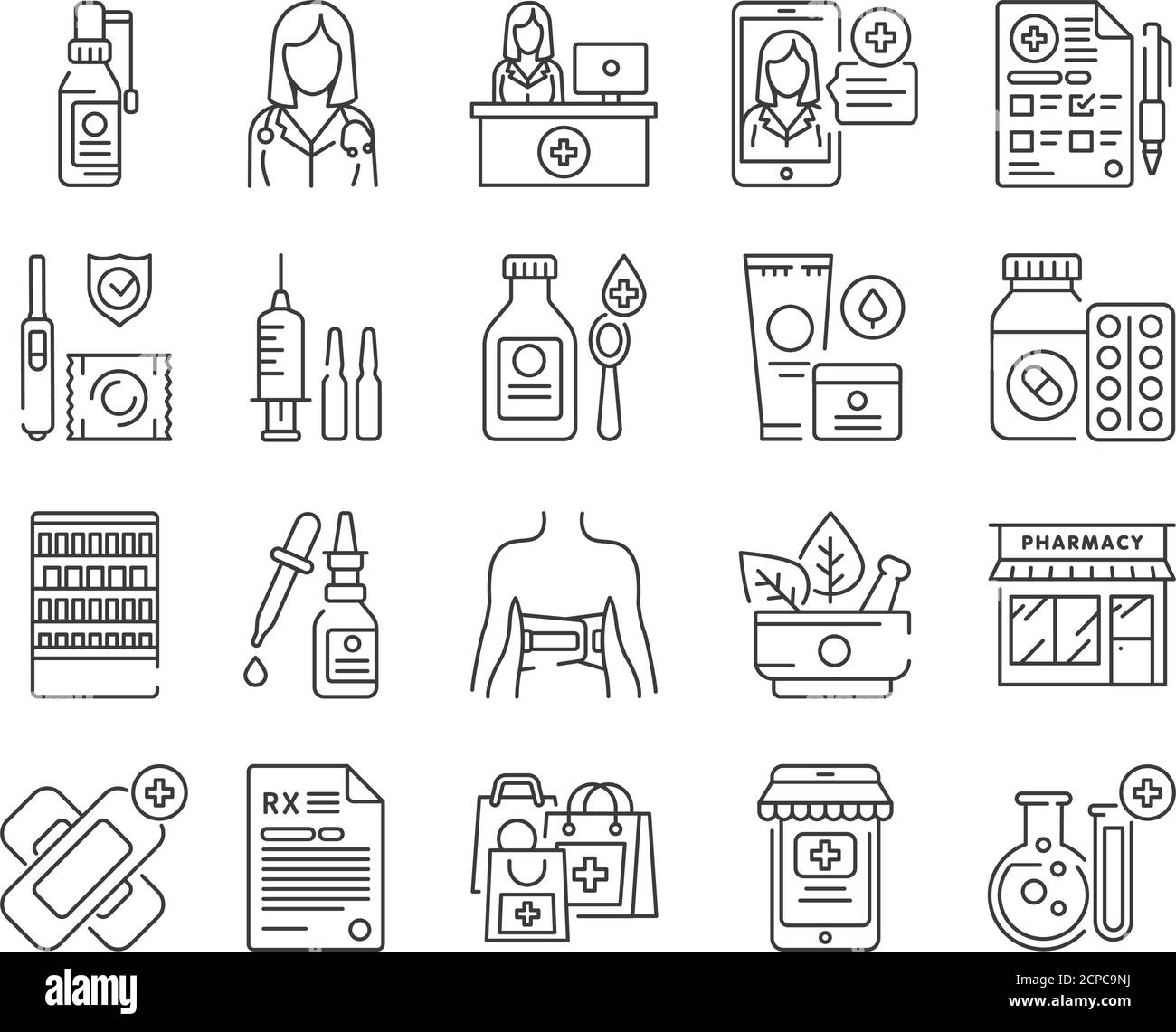 Pharmacy black icons set. Medical clinic communication with patient and medicaments. Signs for web page, mobile app, banner. Pictograms UI UX user Stock Vector