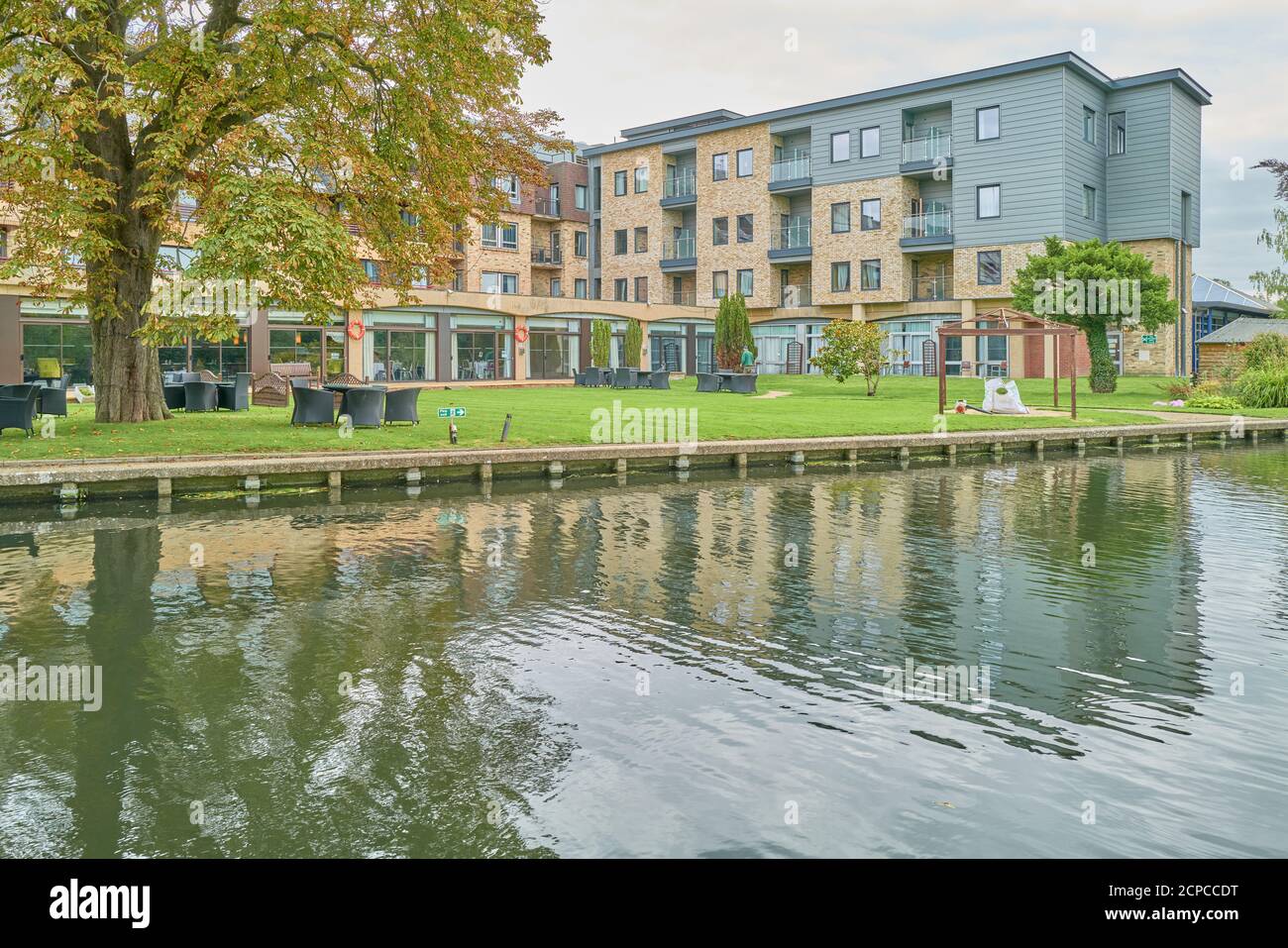 Cambridge hotel reflected in the river Cam, Cambrdge, England, during coronavirus crisis, September 2020. Stock Photo